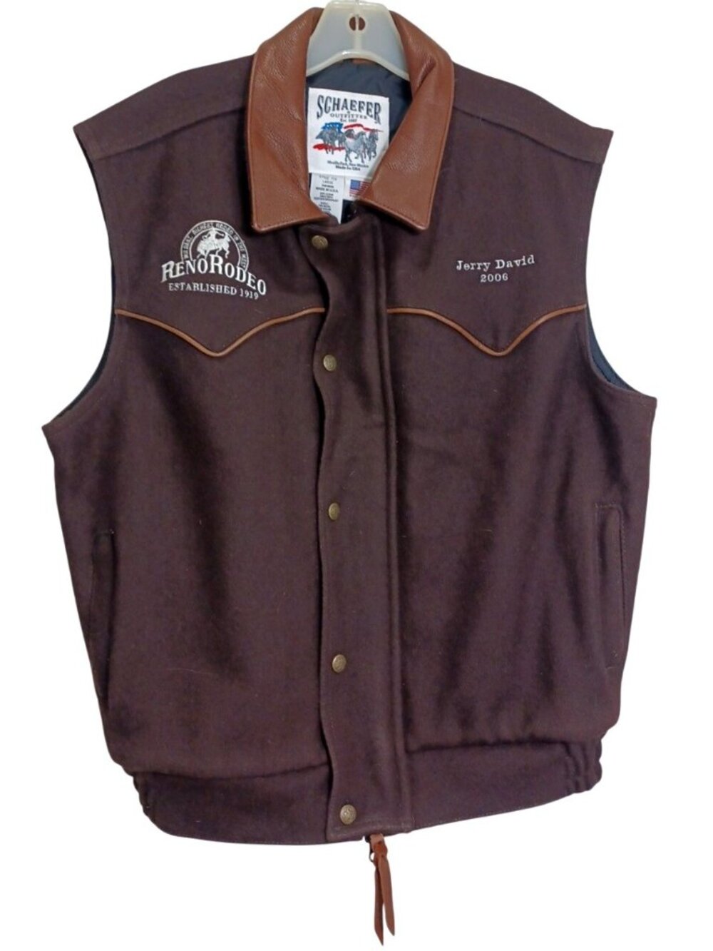 Schaefer Wool Western Leather Vest Reno Rodeo Jerry David 2006 Large L Brown